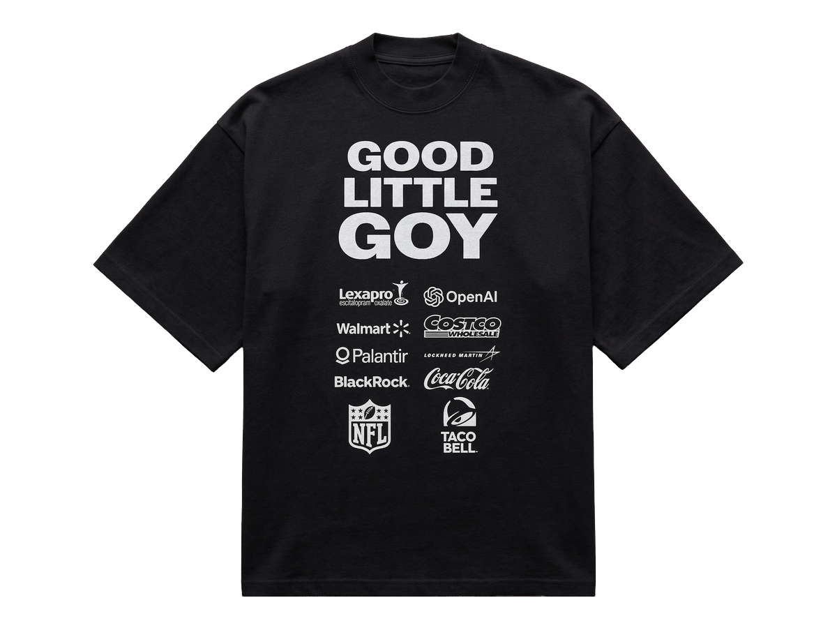 GOOD LITTLE GOY shirt — corporate logo wall, lexapro openai walmart costco palantir lockheed martin blackrock coca-cola NFL taco bell